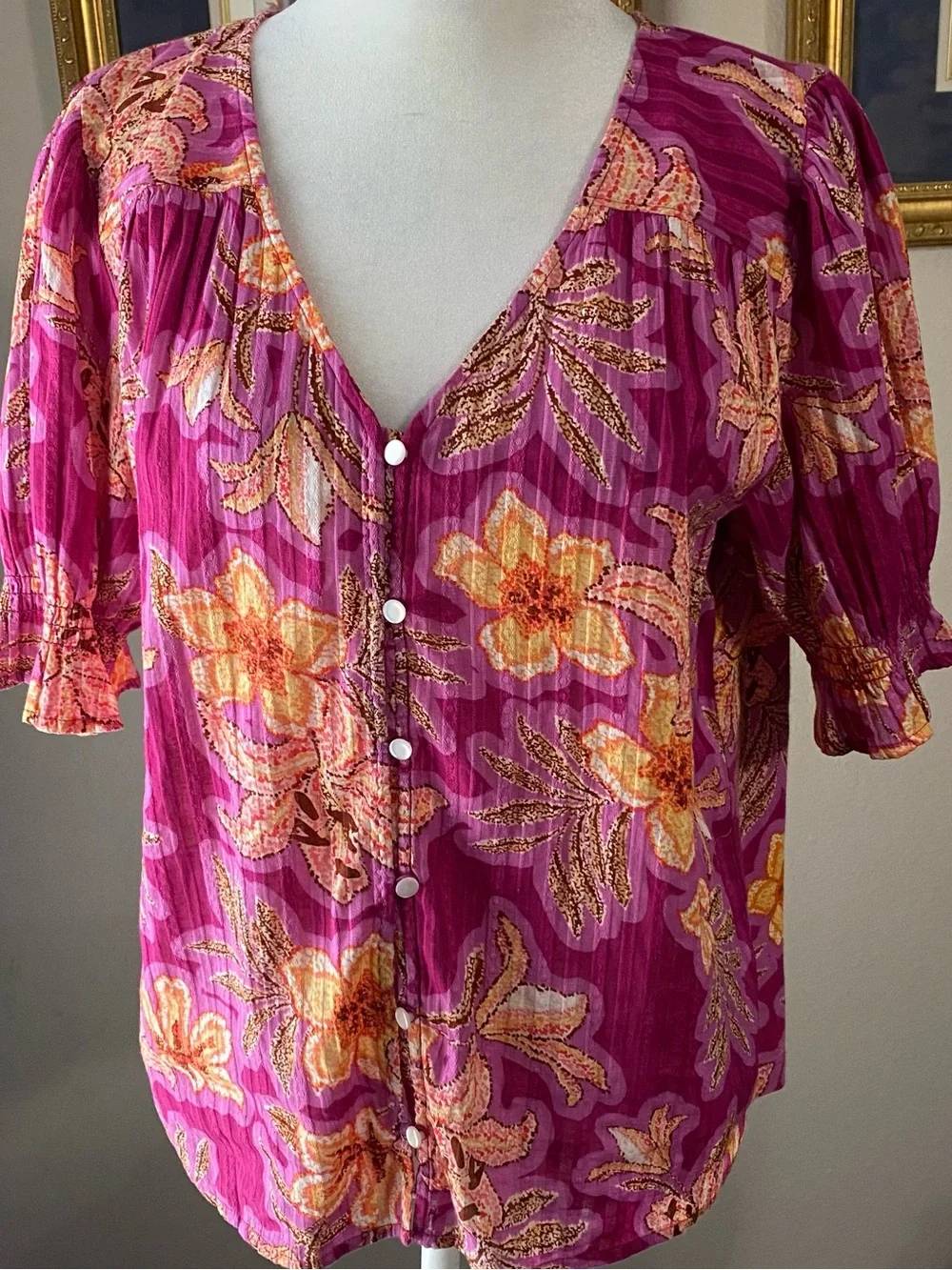 Loft Top Small Pink Orange Floral Button Front Cotton Short Sleeve Boho Peasant
